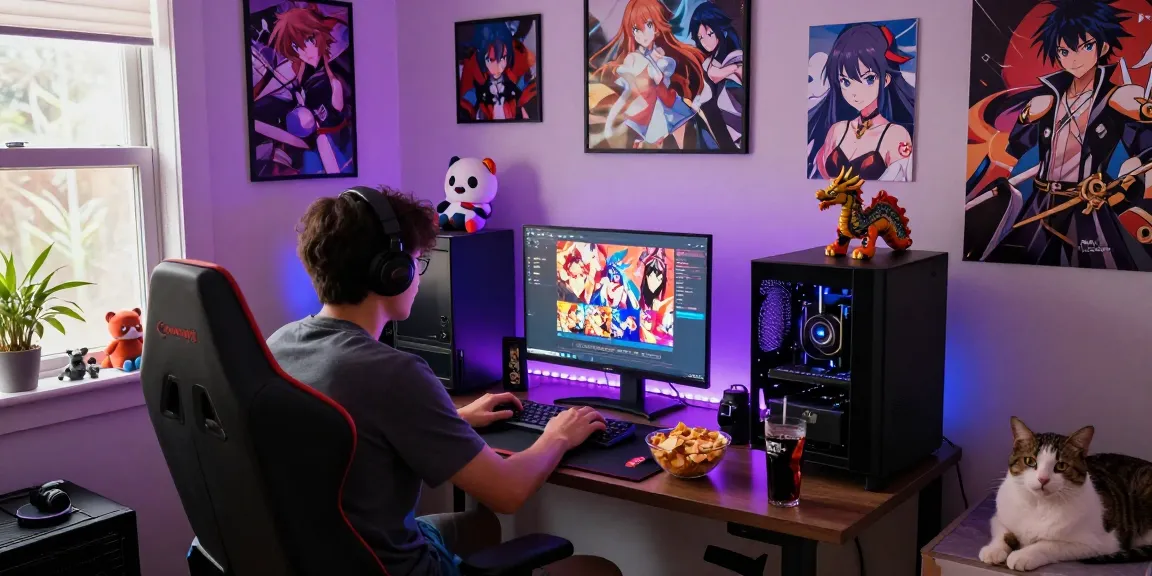 Gamer enjoying hentai games with vibrant decor in a cozy room.
