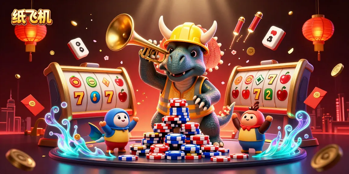 Experience the thrill of 纸飞机 with spinning slot reels, vibrant symbols, and celebrating characters in a lively casino scene.