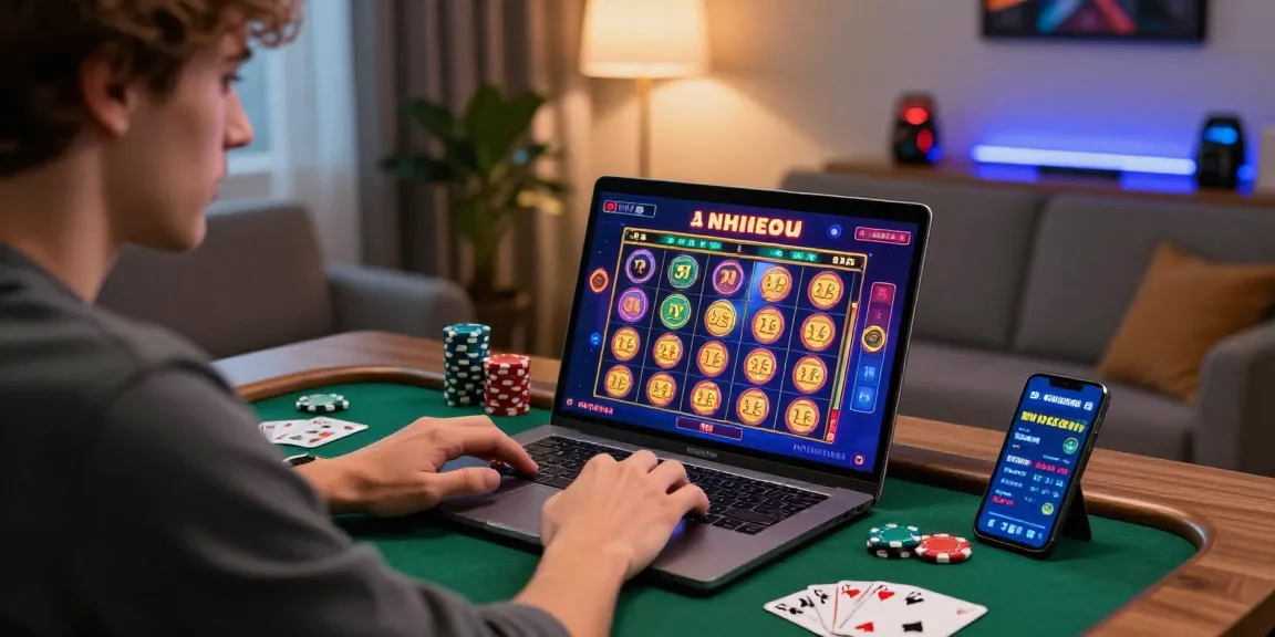Pria dewasa menikmati permainan slot online di laptop dengan grafis warna-warni, dikelilingi alat taruhan.