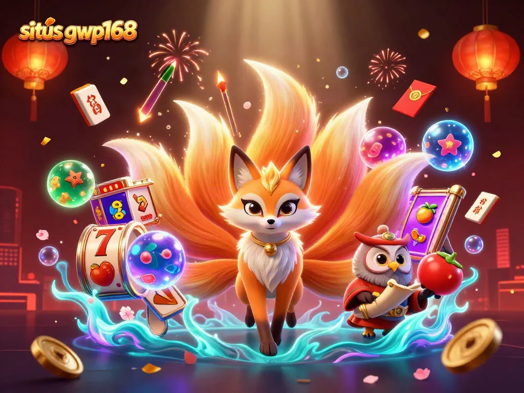 Permainan slot menarik di situs gwp168 dengan karakter rubah dan elemen kasino bercahaya.