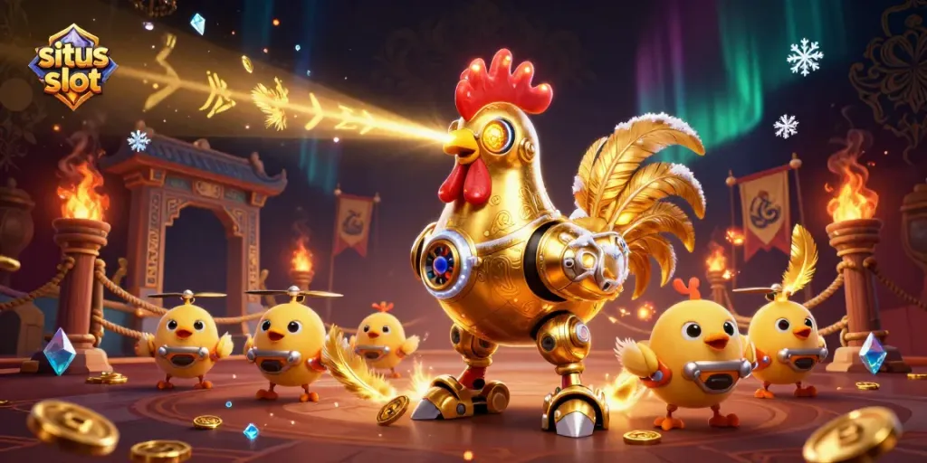 Permainan situs slot yang penuh keajaiban dengan mesin slot dan karakter robot berwarna emas.
