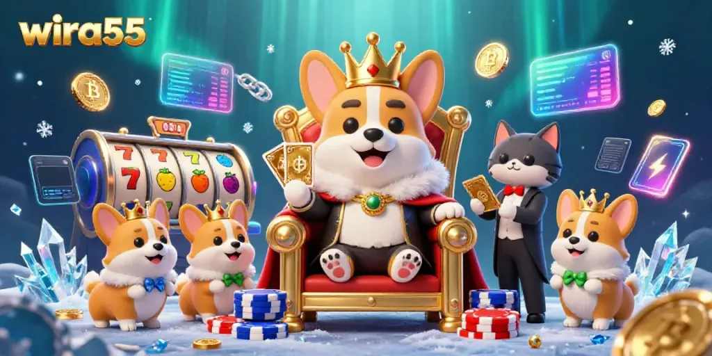 Experience gaming excitement with wira55, featuring slots, poker chips, and a royal corgi.