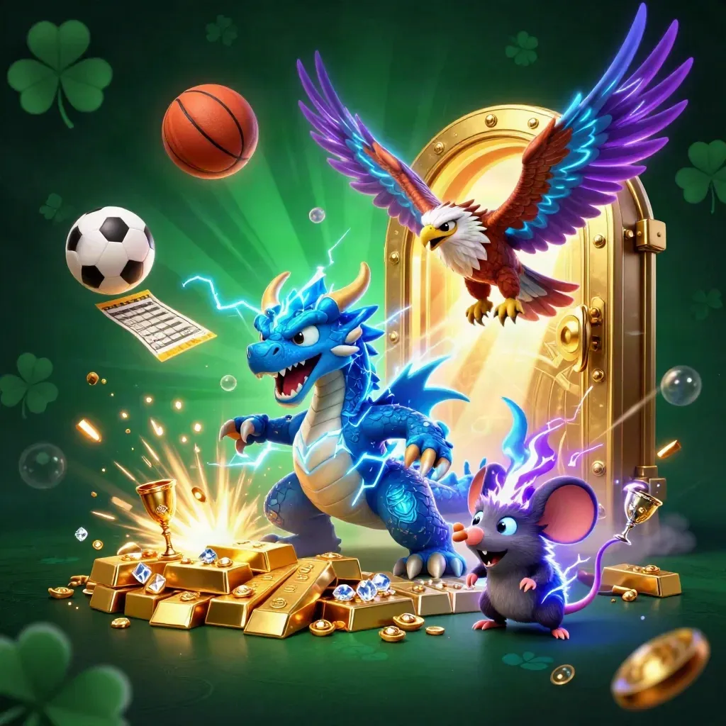Thunder dragon, hawk and mouse amid casino treasure, balls and lightning, ground level.