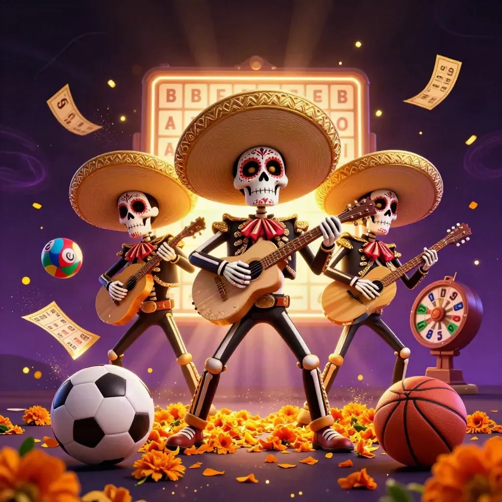 Skeleton mariachi trio with casino props, lottery balls, prize wheel, petals, and neon purple-gold glow.