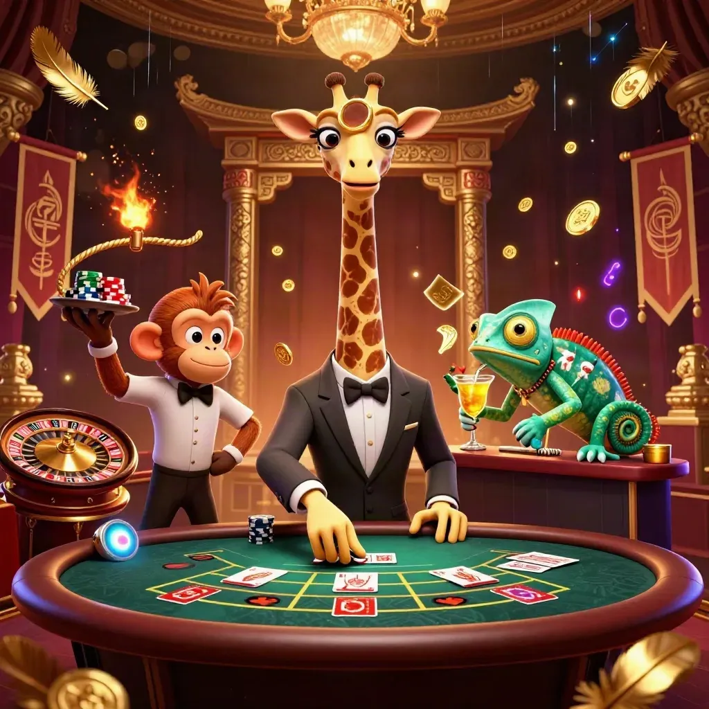 Giraffe, monkey, and chameleon in a luxe casino scene with gold light and flying treasure