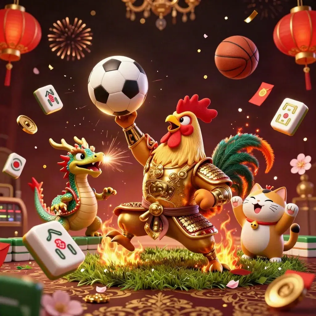 Rooster samurai, dragon hatchling and fortune cat amid casino bursts and flying sports gear.