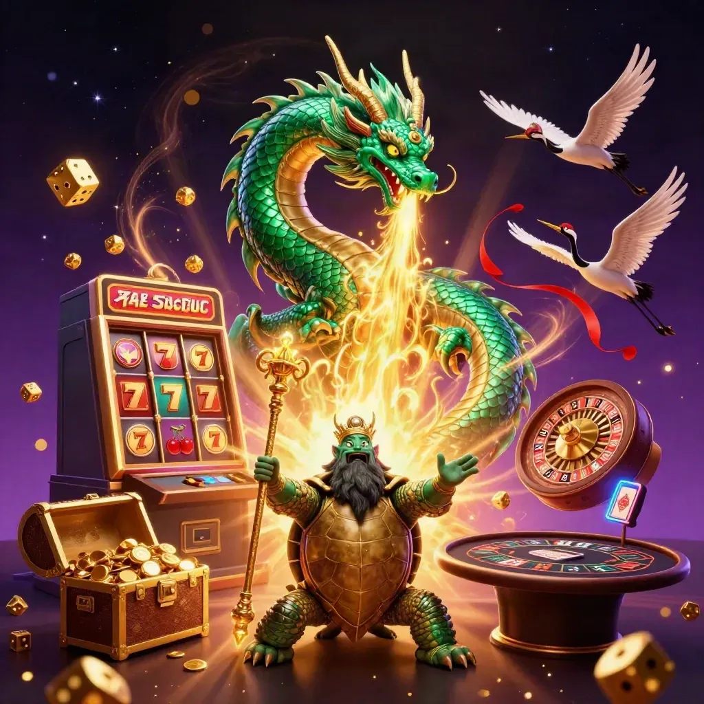 Emerald dragon, turtle sage, cranes, and casino magic erupt around a glowing slot-machine treasure burst.