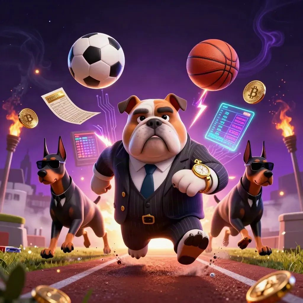 Cartoon mafia bulldog and Dobermans sprint past flying balls, coins, and neon energy under purple haze.
