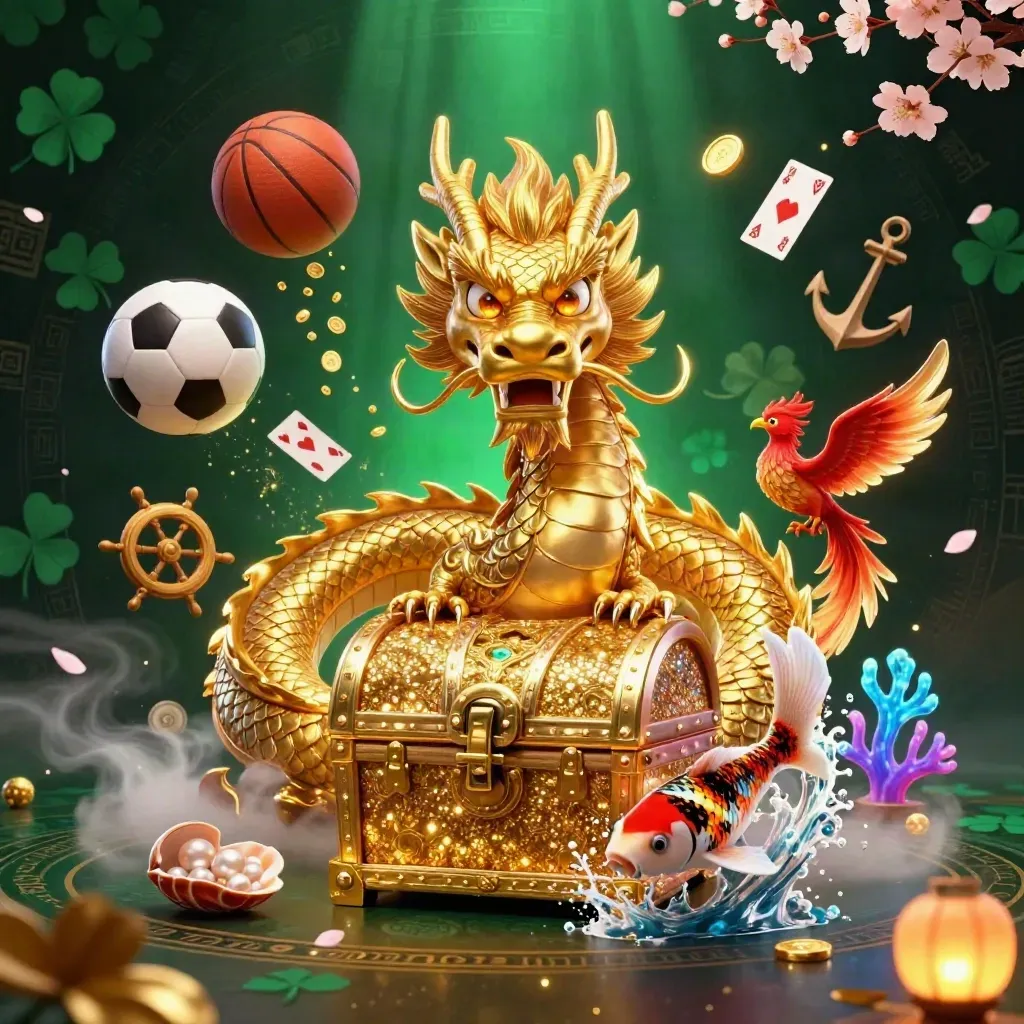 Golden dragon, phoenix and koi in a treasure cove with casino cards, coins and sports balls.