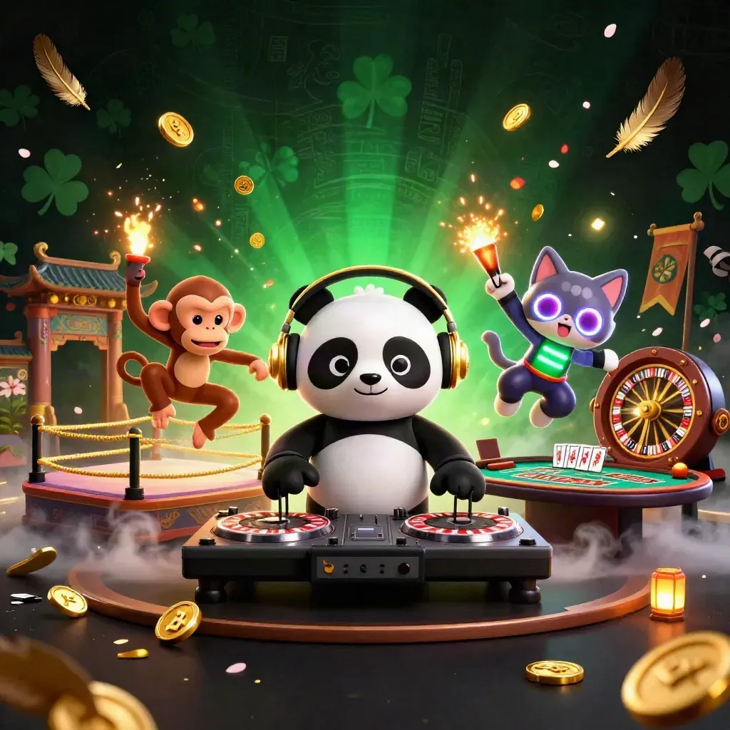 Cartoon panda DJ, dancing monkey, and glow-stick kitten in a luxe emerald casino scene with roulette wheels