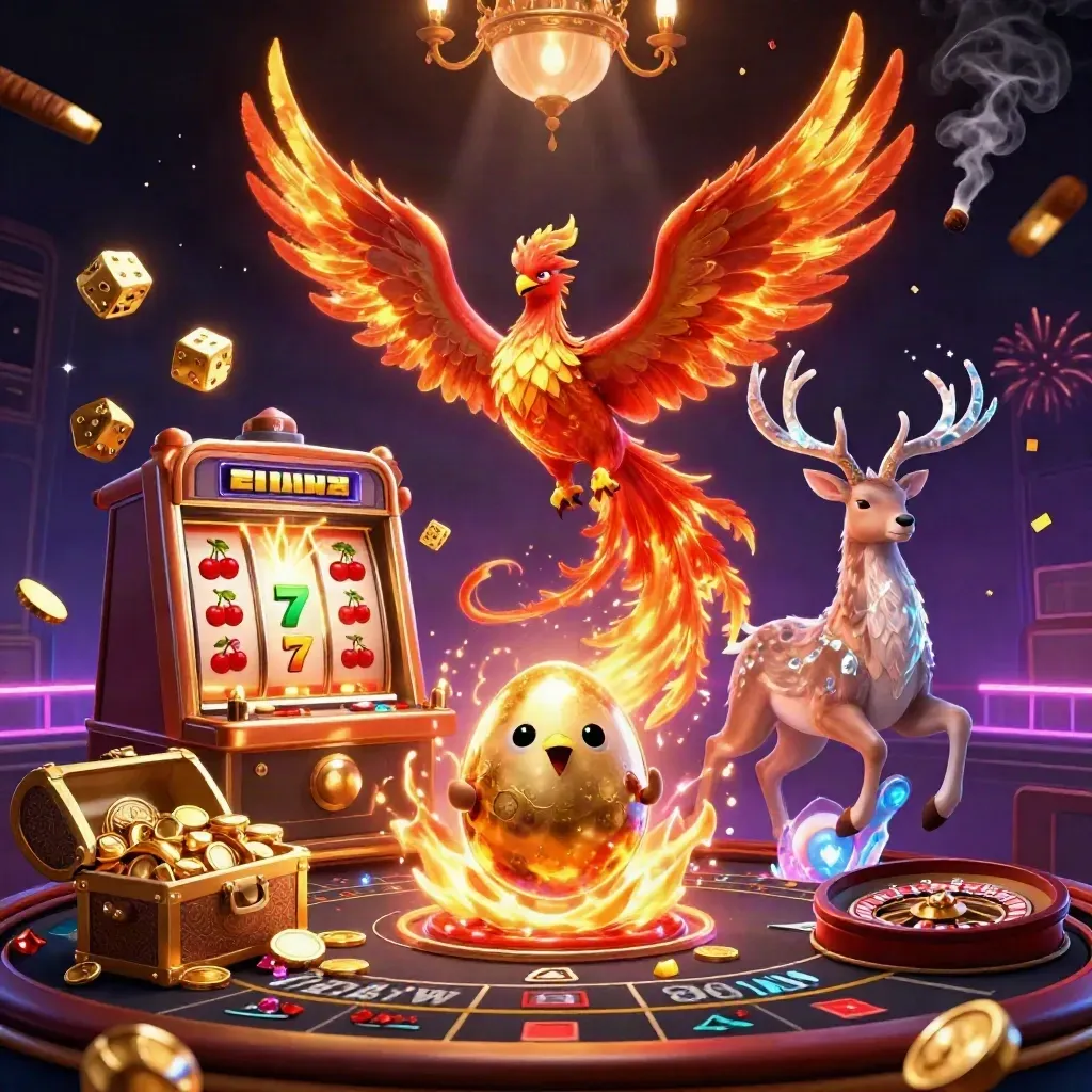 Fire phoenix, baby phoenix, crystal stag, slot burst, gold, neon casino scene.