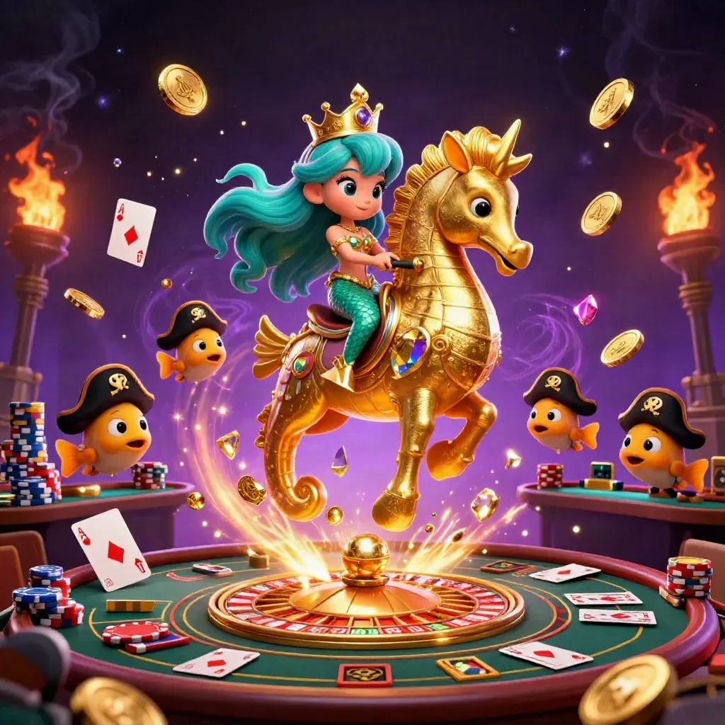 Mermaid princess on armored seahorse amid casino lights, coins, cards, chips, and starry smoke.