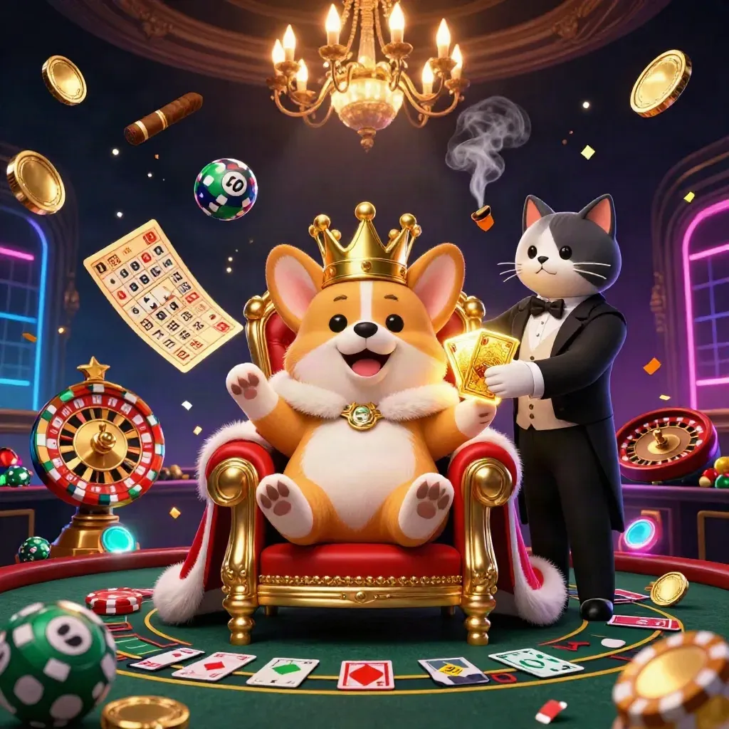 Royal corgi and cat butler amid neon casino lights, lottery balls, roulette, cards, and fireworks.