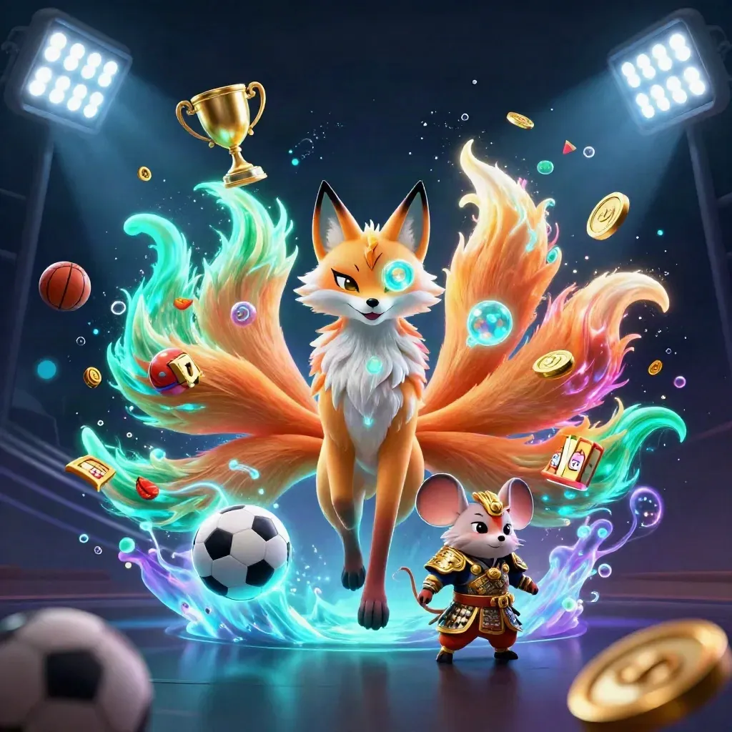 Fox spirit and golden mouse amid sports balls, coins, trophies, and cyan casino magic.
