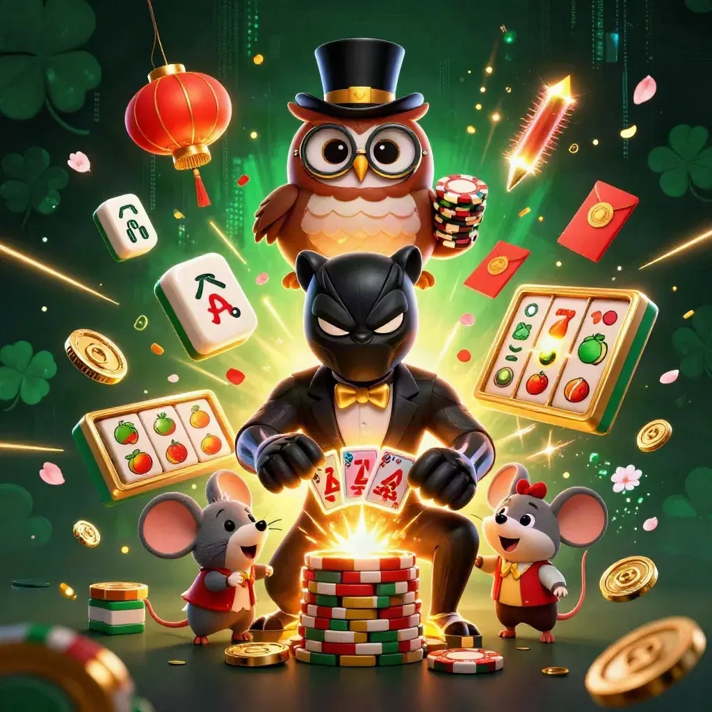 Panther, owl, and mouse amid emerald casino magic, chips, lanterns, coins, and neon sparks.