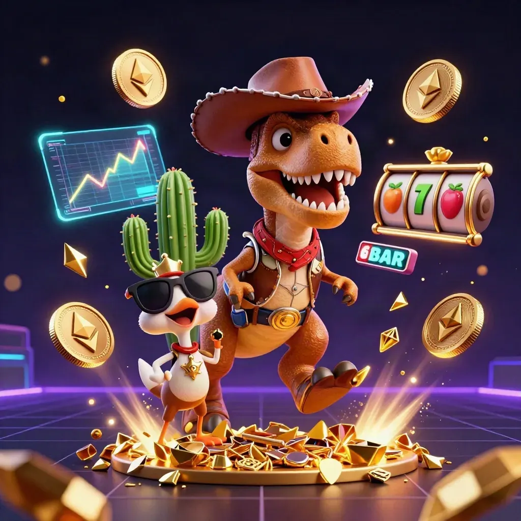 Cowboy T-Rex, cactus sidekick, and roadrunner amid neon coins, lightning, and a casino grid.