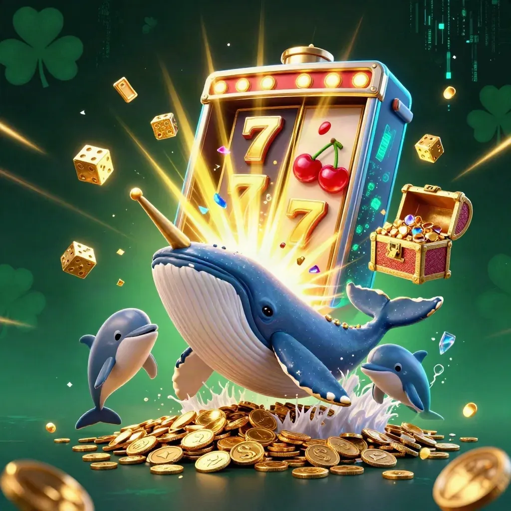 Captain whale, narwhal and dolphins burst from coins with dice, chest and emerald casino energy.