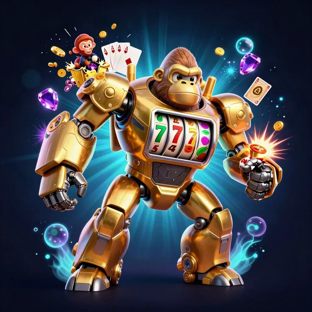 Golden gorilla mech with tiny monkey pilot amid poker chips, cards, and neon casino glow.