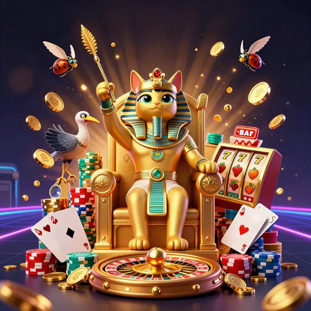 Pharaoh cat on golden throne with ibis scribe, scarabs, coins, gems, roulette wheel, chips, and cards