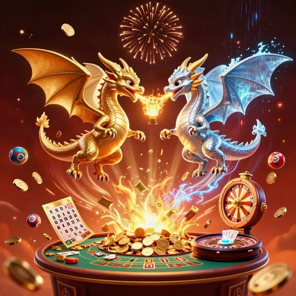 Gold and silver dragons swirl with a lantern spirit amid coins, fireworks, and neon casino energy.
