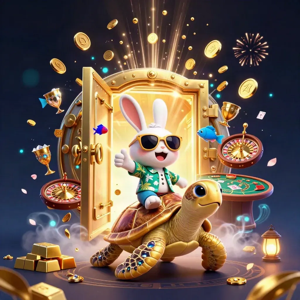 Lucky rabbit rides a golden turtle through a bursting vault with coins, cards, and neon casino lights.
