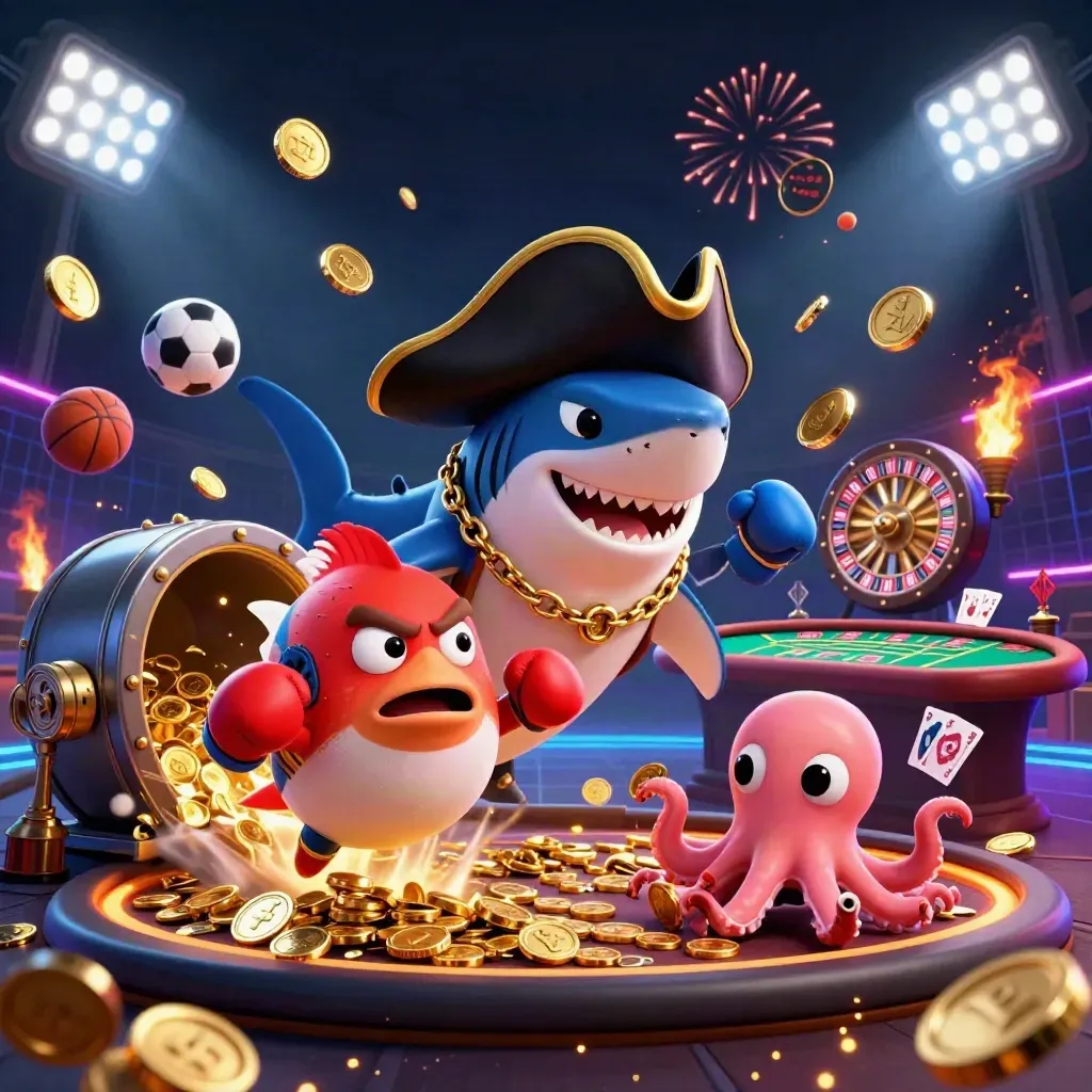 Pirate shark, boxing pufferfish, and juggling octopus amid coins, fireworks, and casino props