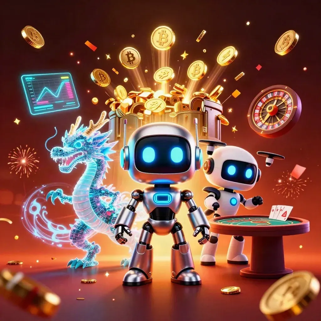 Cyberpunk robot, holographic dragon, drone, coin blast, roulette wheel, cards, fireworks, luxe neon casino.