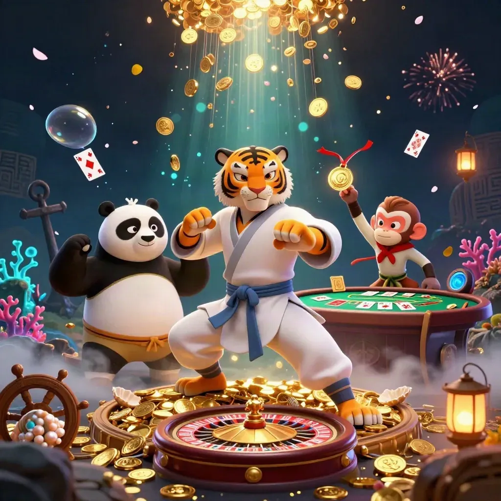 Kung-fu tiger, panda, and monkey amid coins, cards, coral, fireworks, and casino glow
