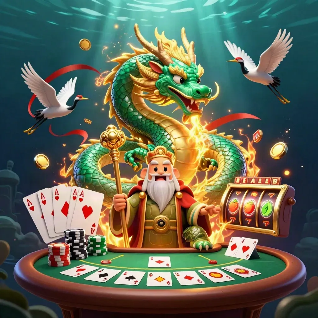 Emerald dragon, turtle sage, and cranes amid casino chips, cards, and neon underwater glow.
