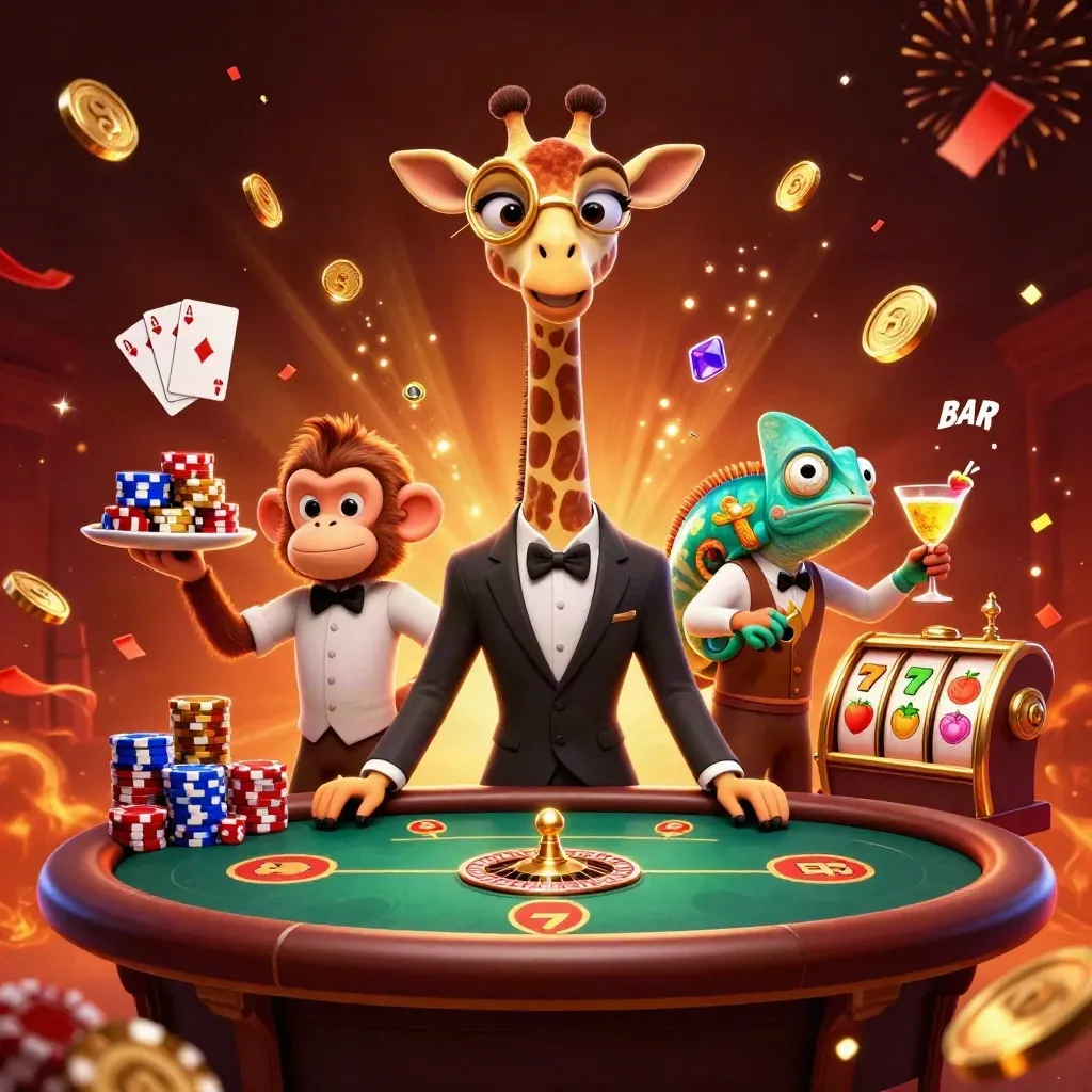 Giraffe, monkey, and chameleon at a glowing casino table with chips, cards, and spinning reels.
