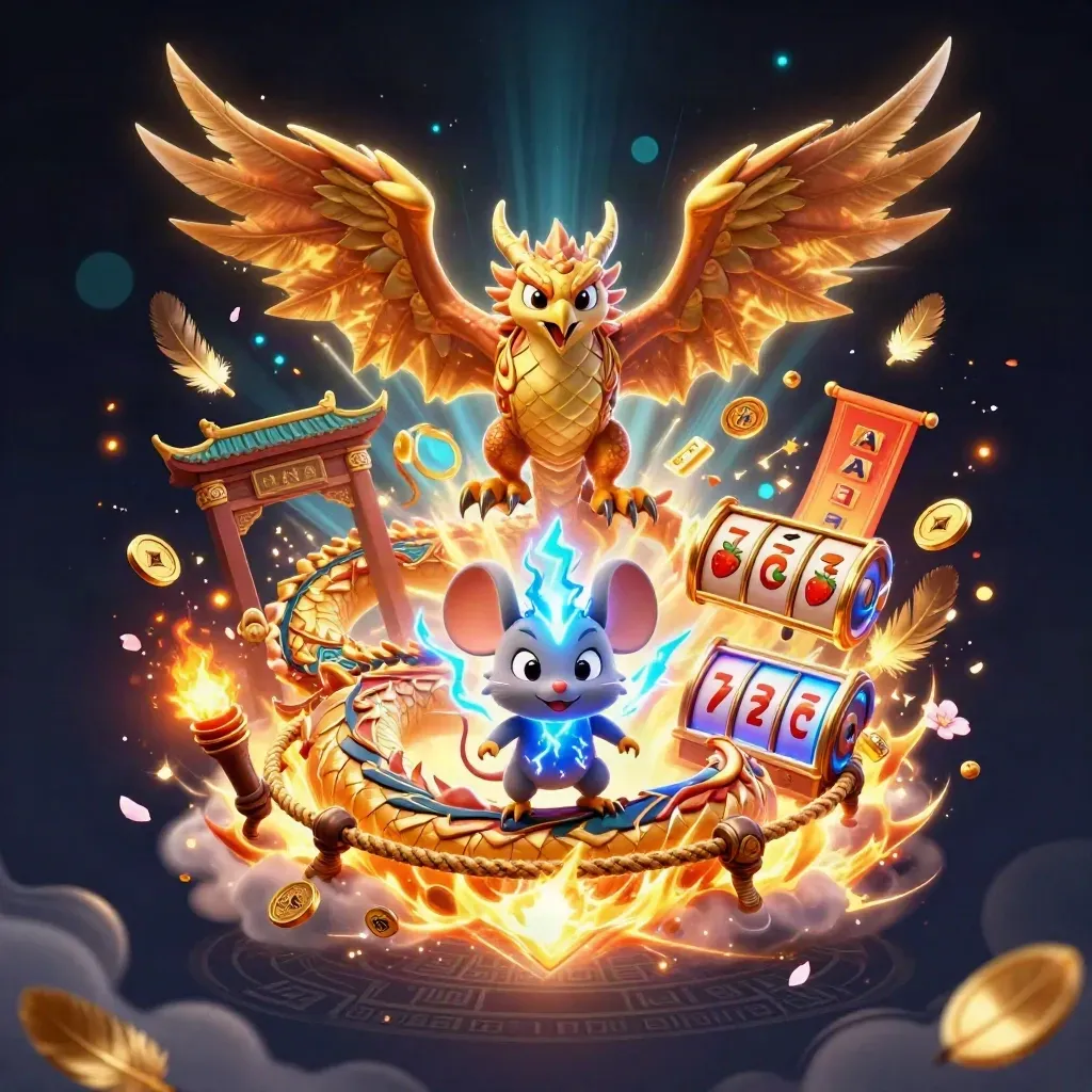 Thunder dragon, wind hawk and static mouse amid casino relics, coins and blue lightning.