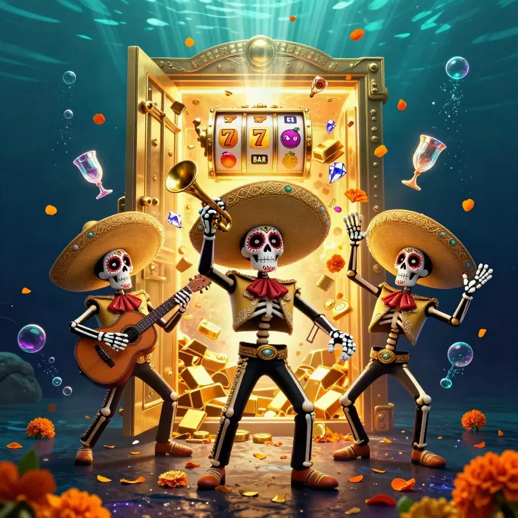 Skeleton mariachi trio with open vault, gold, gems, underwater glow, casino fantasy art
