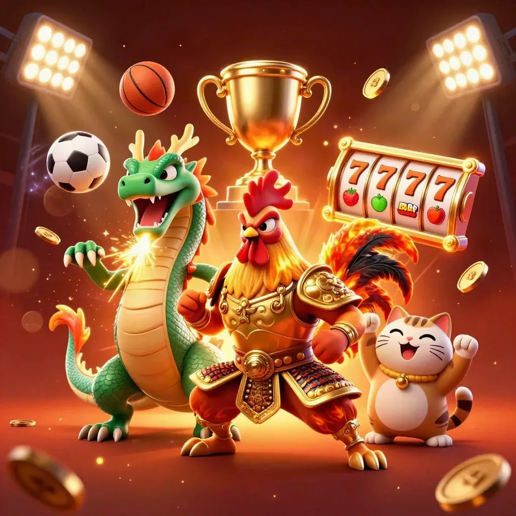 Rooster warrior, spark-breathing dragon hatchling, and fortune cat in a ruby casino burst.