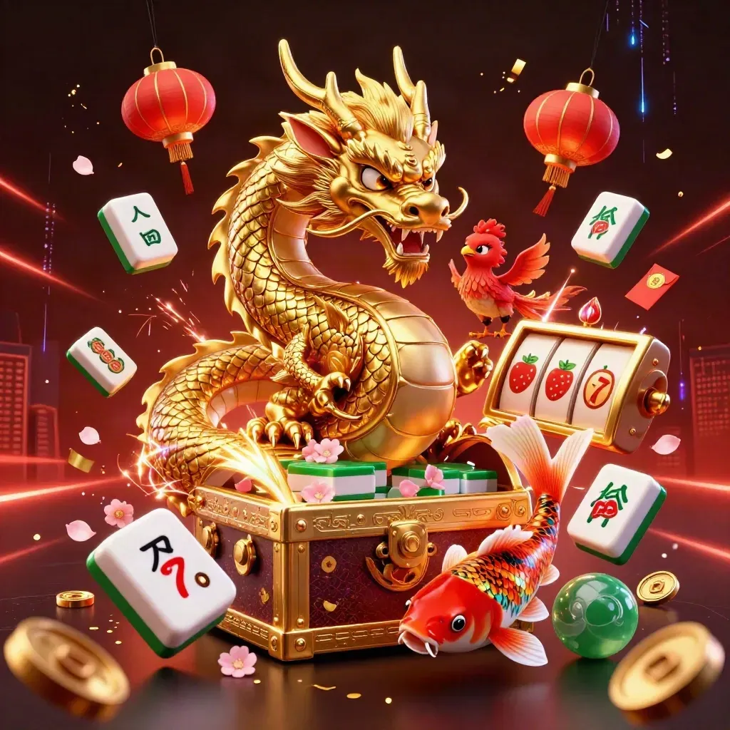 Golden dragon, phoenix and koi burst around a treasure chest in neon casino lighting.