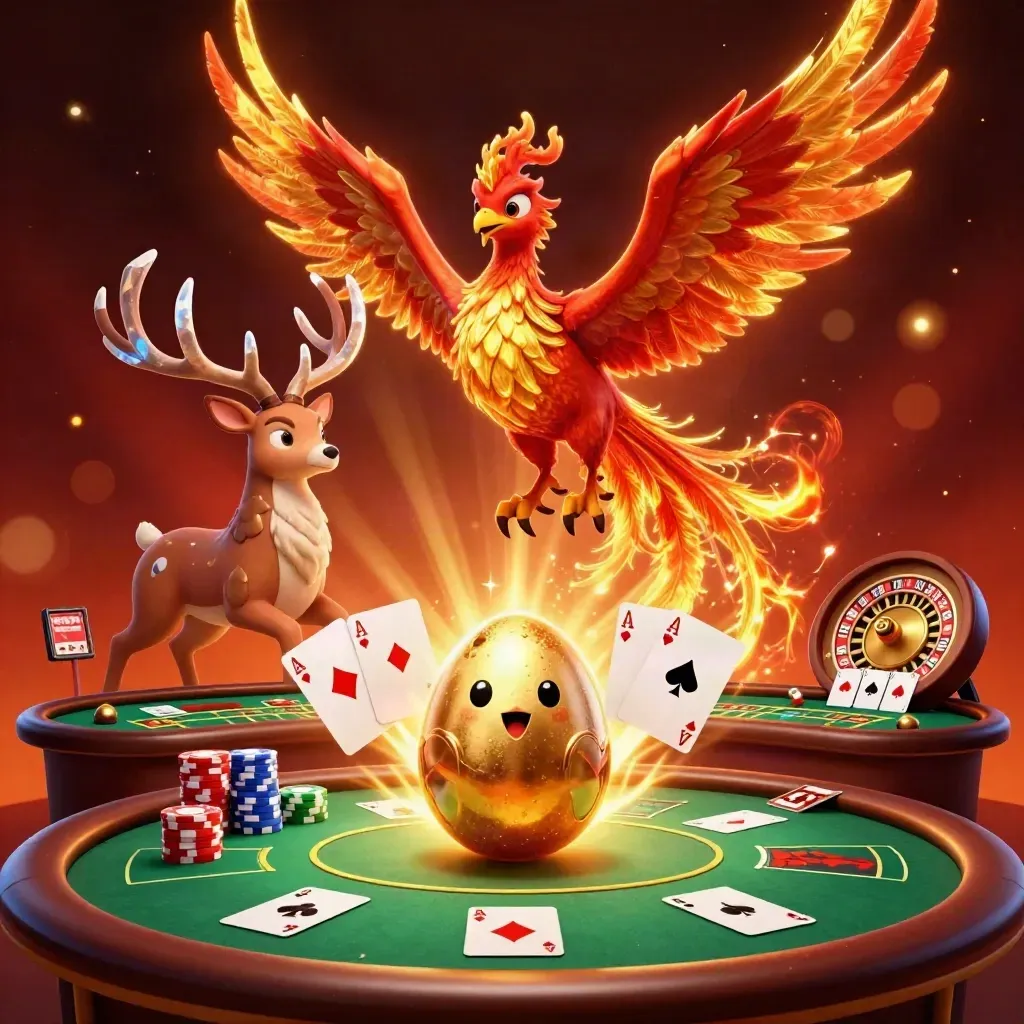 Fire phoenix, baby phoenix, and crystal stag amid casino chips, cards, and glowing embers.