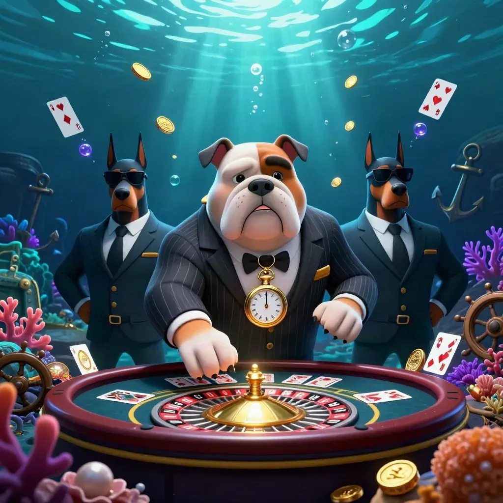 Bulldog boss with two Dobermans in a glowing underwater casino treasure scene