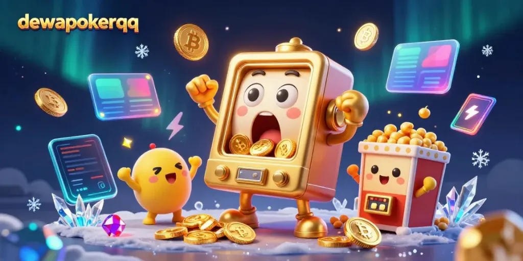 Experience thrilling wins at dewapokerqq with a vibrant 3D illustration of a golden slot machine hitting a jackpot.