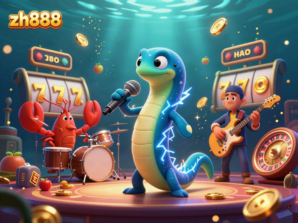 Experience the thrilling excitement of zh888 with a cartoon electric eel DJ, slot reels, and vibrant casino elements.