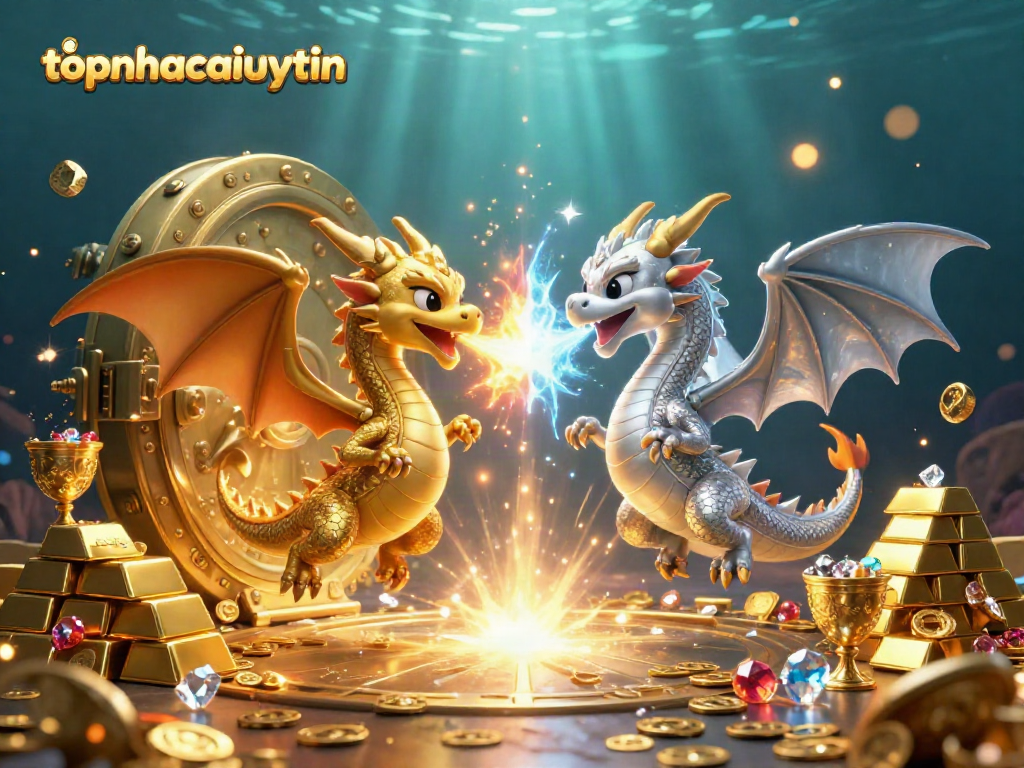 Engage in exciting gameplay with topnhacaiuytin featuring gold and silver dragons amidst treasure and sparkling gems.
