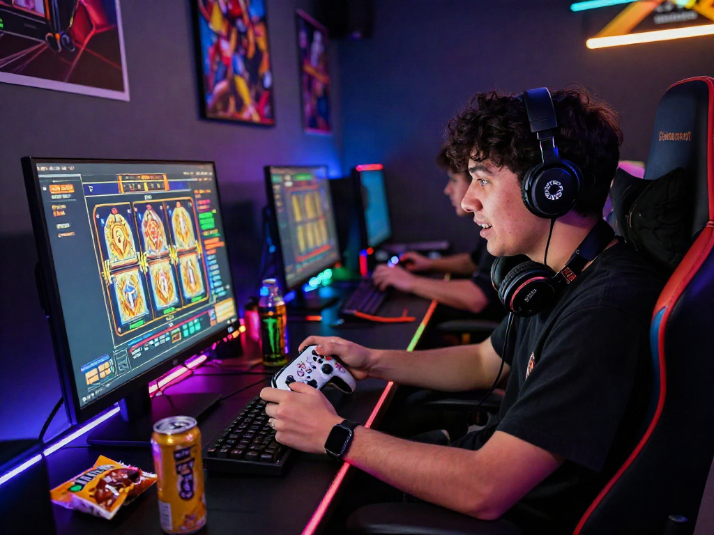 Engaged gamer playing slot124 on a high-resolution monitor with vibrant RGB lighting