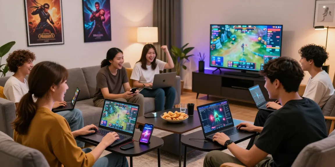 Engaged friends playing game bài đổi thưởng in a lively living room environment, showcasing excitement and community.