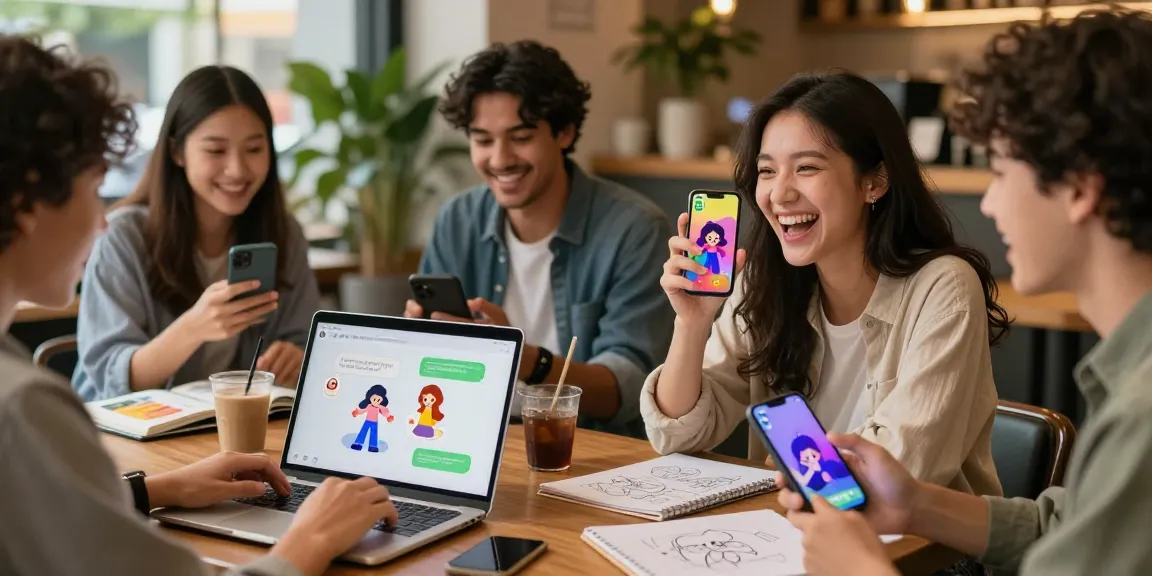 Engaging scene of people using Crushon AI chat within a cozy café, showcasing diverse interaction with virtual characters.