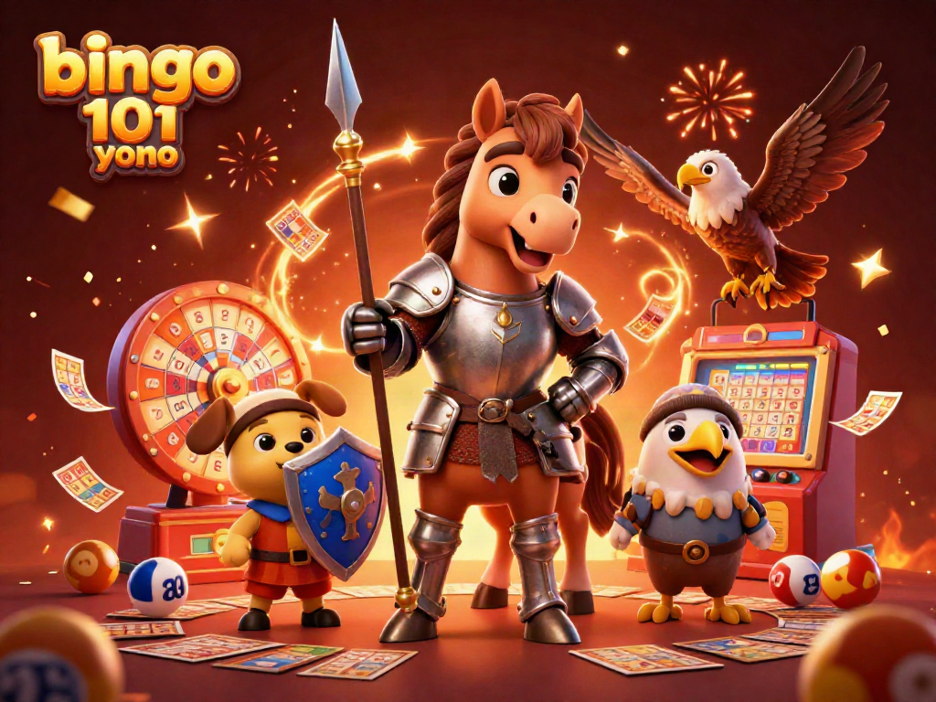 Menangkan permainan dengan bingo 101 yono di dalam ilustrasi kasino digital berwarna cerah.