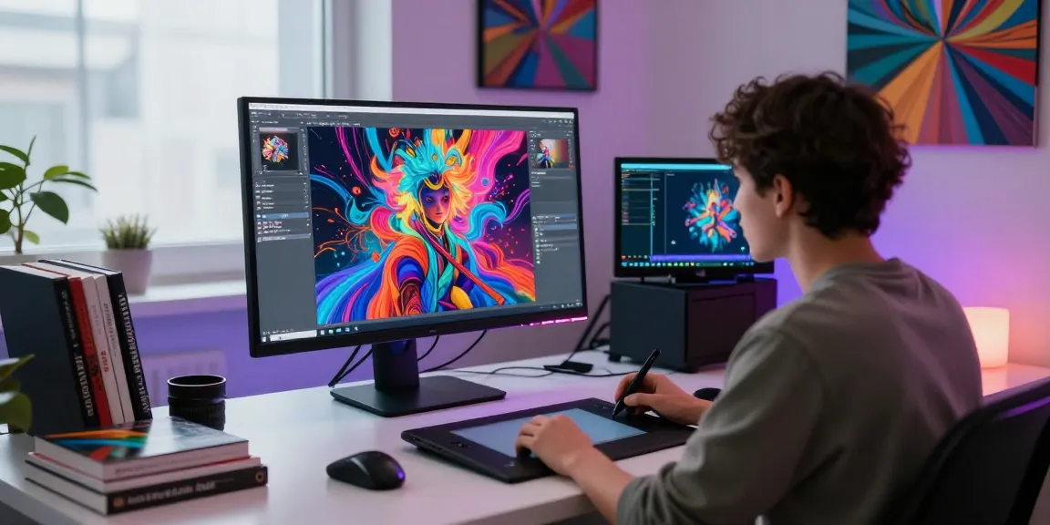Digital artist creating vibrant NSFW AI artworks in a modern studio.