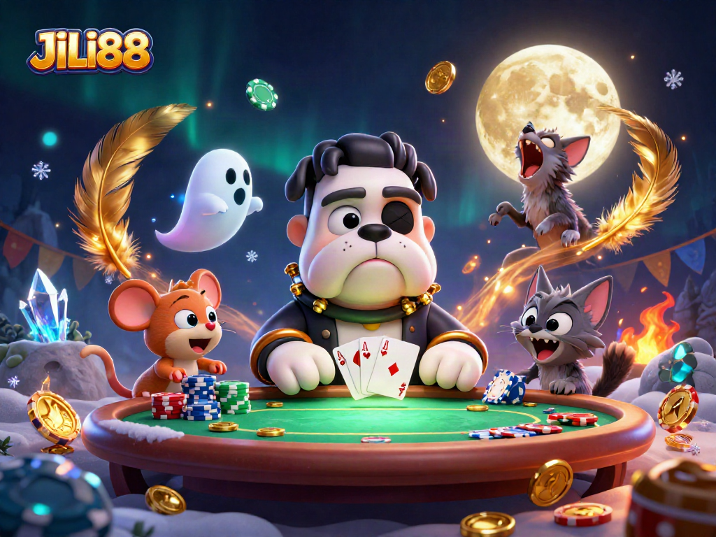 Engage in thrilling poker action with JILI88, featuring a monster dealer at a spooky table.