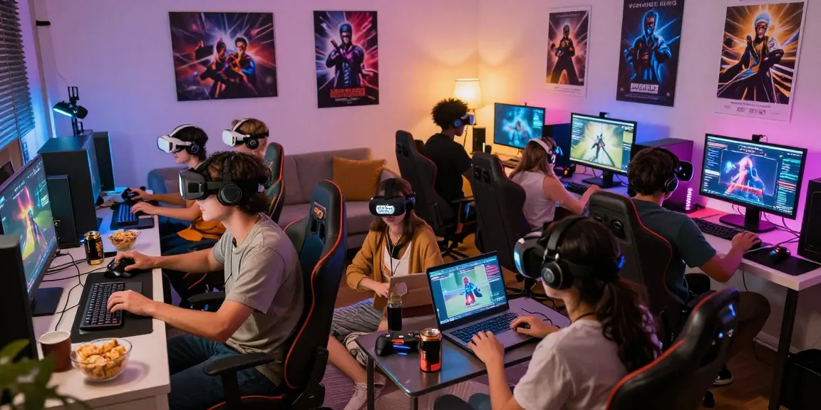 Friends enjoying an immersive mind control porn gaming experience in a lively living room.