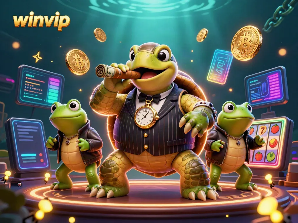 Winvip casino scene featuring a snapping turtle and bullfrog enforcers playing slot reels amidst glowing crypto coins