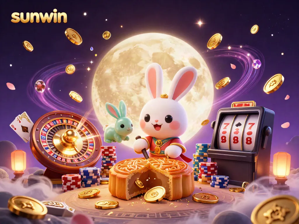 Experience the enchanting world of sunwin with a mystical rabbit, vibrant poker chips, and gold coins in a 3D casino scene.