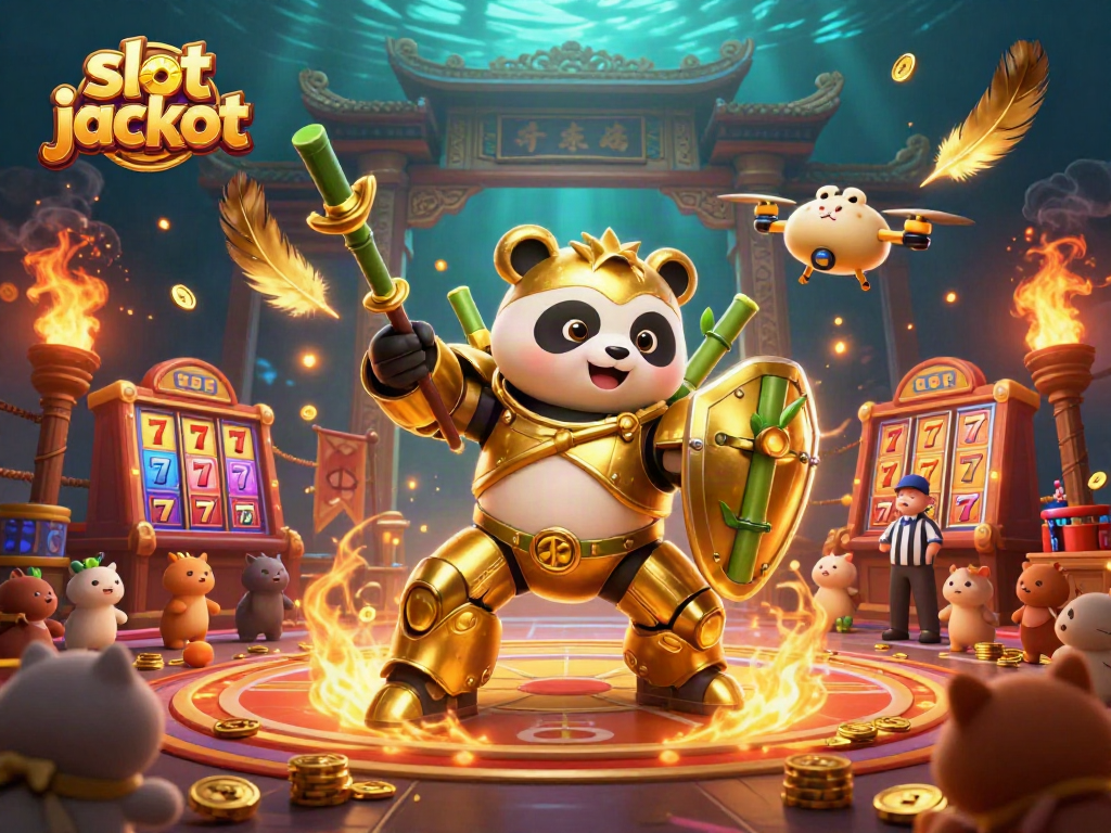 Engage in the thrill of the slot jackpot with a mech-suit panda in a dynamic casino arena.