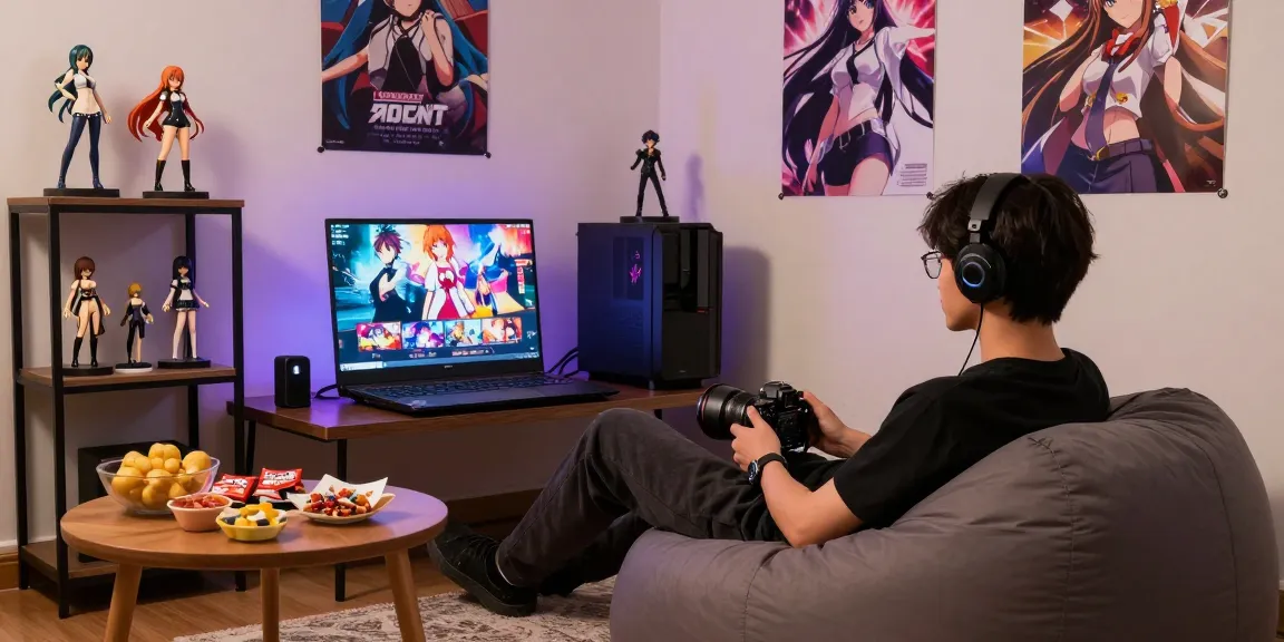 Engaging gaming scene featuring hentai games on a laptop, ambient lighting, and anime decor.